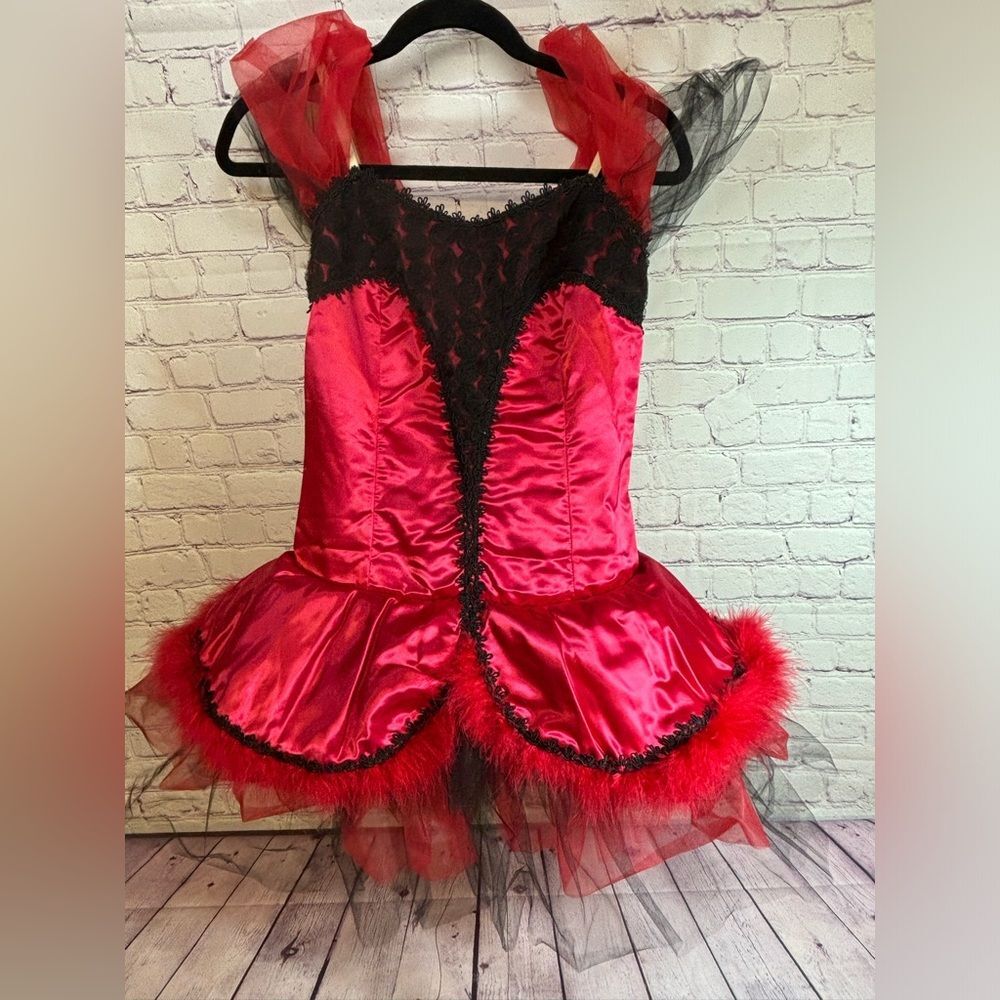 Whimsigoth Western Black Red Satin Bodysuit Feather Trim Costume Size Women S